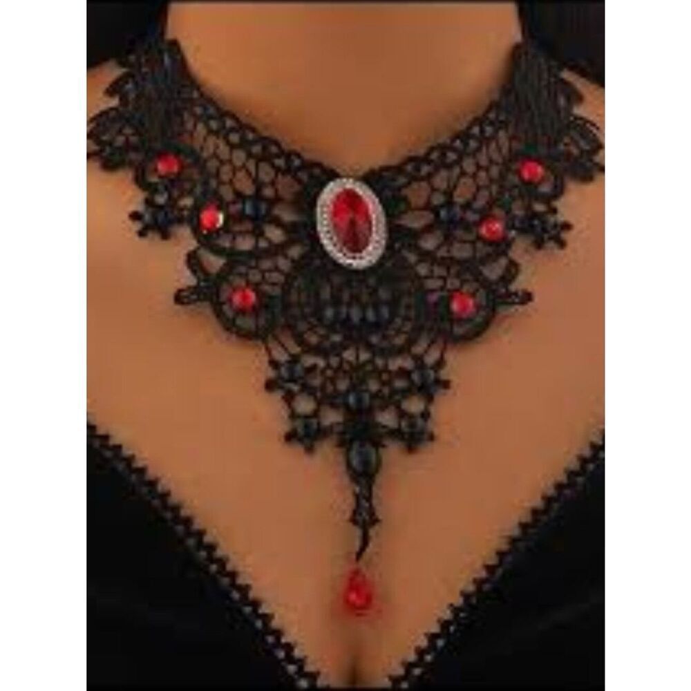 NWT Gothic Black Lace Choker Red & Black Cabochons Teardrop Bead - Picture 3 of 6
